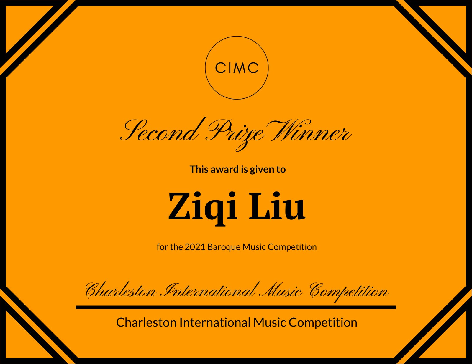 Charleston International Music Competition 证书
