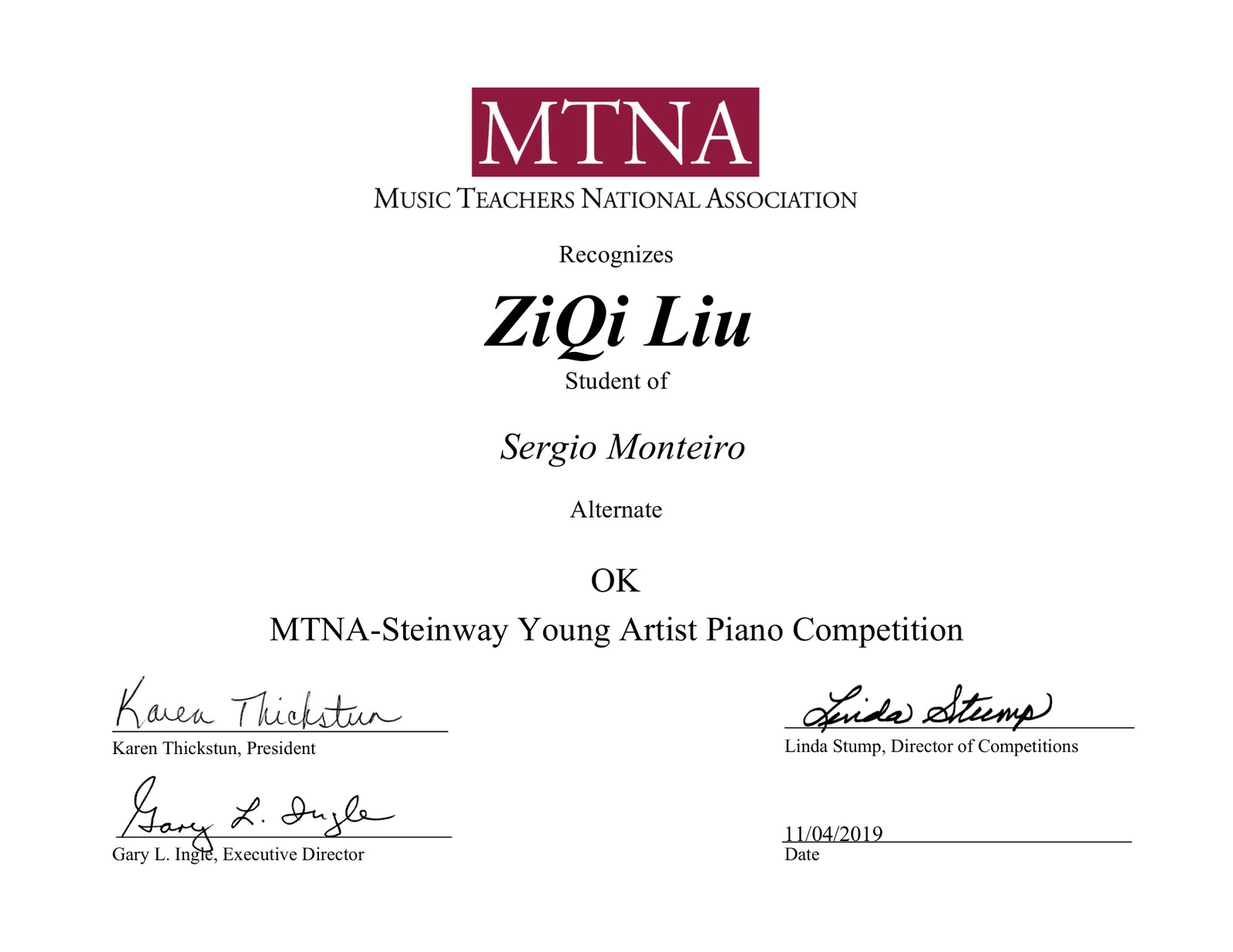 MTNA-Steinway Young Artist Piano Competition 证书